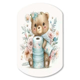 Teddy Bear With Roll Of Toilet Paper And Flowers - Asymmetric Metal Wall Art