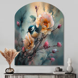 Blue Little Bird On Rose Tree Banch I - Asymmetric Metal Wall Art