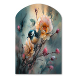 Blue Little Bird On Rose Tree Banch I - Asymmetric Metal Wall Art