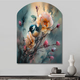 Blue Little Bird On Rose Tree Banch I - Asymmetric Metal Wall Art