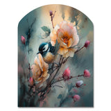 Blue Little Bird On Rose Tree Banch I - Asymmetric Metal Wall Art