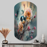 Blue Little Bird On Rose Tree Banch I - Asymmetric Metal Wall Art