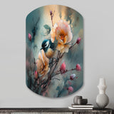 Blue Little Bird On Rose Tree Banch I - Asymmetric Metal Wall Art