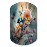 Blue Little Bird On Rose Tree Banch I - Asymmetric Metal Wall Art