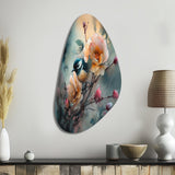 Blue Little Bird On Rose Tree Banch I - Asymmetric Metal Wall Art