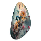 Blue Little Bird On Rose Tree Banch I - Asymmetric Metal Wall Art