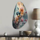 Blue Little Bird On Rose Tree Banch I - Asymmetric Metal Wall Art