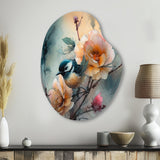 Blue Little Bird On Rose Tree Banch I - Asymmetric Metal Wall Art