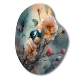 Blue Little Bird On Rose Tree Banch I - Asymmetric Metal Wall Art