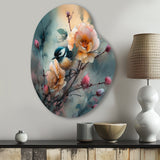 Blue Little Bird On Rose Tree Banch I - Asymmetric Metal Wall Art