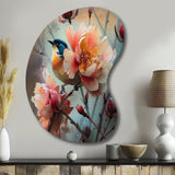 Blue Little Bird On Rose Tree Banch II - Asymmetric Metal Wall Art