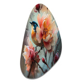 Blue Little Bird On Rose Tree Banch II - Asymmetric Metal Wall Art