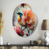 Blue Little Bird On Rose Tree Banch II - Asymmetric Metal Wall Art