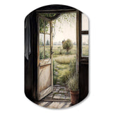 Farm Landscape Through A Door - Asymmetric Metal Wall Art