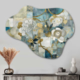 Golden Blue Marble Floral Design II - Asymmetric Metal Wall Art