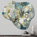 Golden Blue Marble Floral Design II - Asymmetric Metal Wall Art