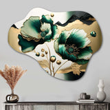 Gold And Green Poppy Floral Euphoria I - Asymmetric Metal Wall Art