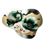 Gold And Green Poppy Floral Euphoria I - Asymmetric Metal Wall Art