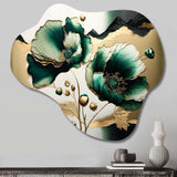 Gold And Green Poppy Floral Euphoria I - Asymmetric Metal Wall Art