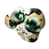 Gold And Green Poppy Floral Euphoria I - Asymmetric Metal Wall Art