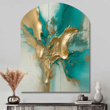 Gold And Turquoise Marble Fuild Ink II - Asymmetric Metal Wall Art