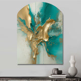 Gold And Turquoise Marble Fuild Ink II - Asymmetric Metal Wall Art