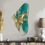 Gold And Turquoise Marble Fuild Ink II - Asymmetric Metal Wall Art