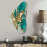 Gold And Turquoise Marble Fuild Ink II - Asymmetric Metal Wall Art