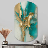 Gold And Turquoise Marble Fuild Ink II - Asymmetric Metal Wall Art