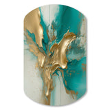 Gold And Turquoise Marble Fuild Ink II - Asymmetric Metal Wall Art