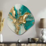 Gold And Turquoise Marble Fuild Ink II - Asymmetric Metal Wall Art