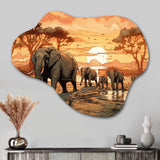 Orange African Safari With Elephants I - Asymmetric Metal Wall Art