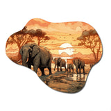 Orange African Safari With Elephants I - Asymmetric Metal Wall Art