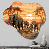 Orange African Safari With Elephants I - Asymmetric Metal Wall Art