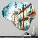 Blue And Beige French Small Town - Asymmetric Metal Wall Art