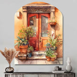 Red And Beige Garden Door Gateway - Asymmetric Metal Wall Art