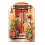 Red And Beige Garden Door Gateway - Asymmetric Metal Wall Art