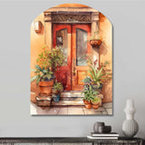 Red And Beige Garden Door Gateway - Asymmetric Metal Wall Art