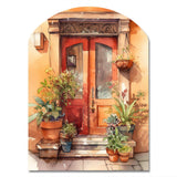 Red And Beige Garden Door Gateway - Asymmetric Metal Wall Art