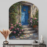 Blue And Pink Garden Door Gateway I - Asymmetric Metal Wall Art