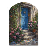 Blue And Pink Garden Door Gateway I - Asymmetric Metal Wall Art