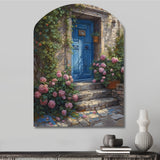 Blue And Pink Garden Door Gateway I - Asymmetric Metal Wall Art