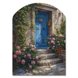 Blue And Pink Garden Door Gateway I - Asymmetric Metal Wall Art