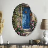 Blue And Pink Garden Door Gateway I - Asymmetric Metal Wall Art