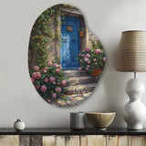 Blue And Pink Garden Door Gateway I - Asymmetric Metal Wall Art