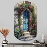 Blue And Pink Garden Door Gateway II - Asymmetric Metal Wall Art