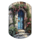 Blue And Pink Garden Door Gateway II - Asymmetric Metal Wall Art