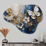 Golden Blue Butterfly Wings And Flowers I - Asymmetric Metal Wall Art