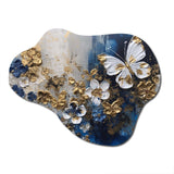 Golden Blue Butterfly Wings And Flowers I - Asymmetric Metal Wall Art