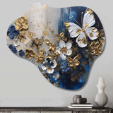 Golden Blue Butterfly Wings And Flowers I - Asymmetric Metal Wall Art